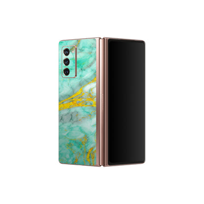 Samsung M/F/Note/Flip and C Phone Skins (All Models) - Green And Gold Marble Feel - Matte Finish (M-16) Samsung Galaxy Z Fold 2
