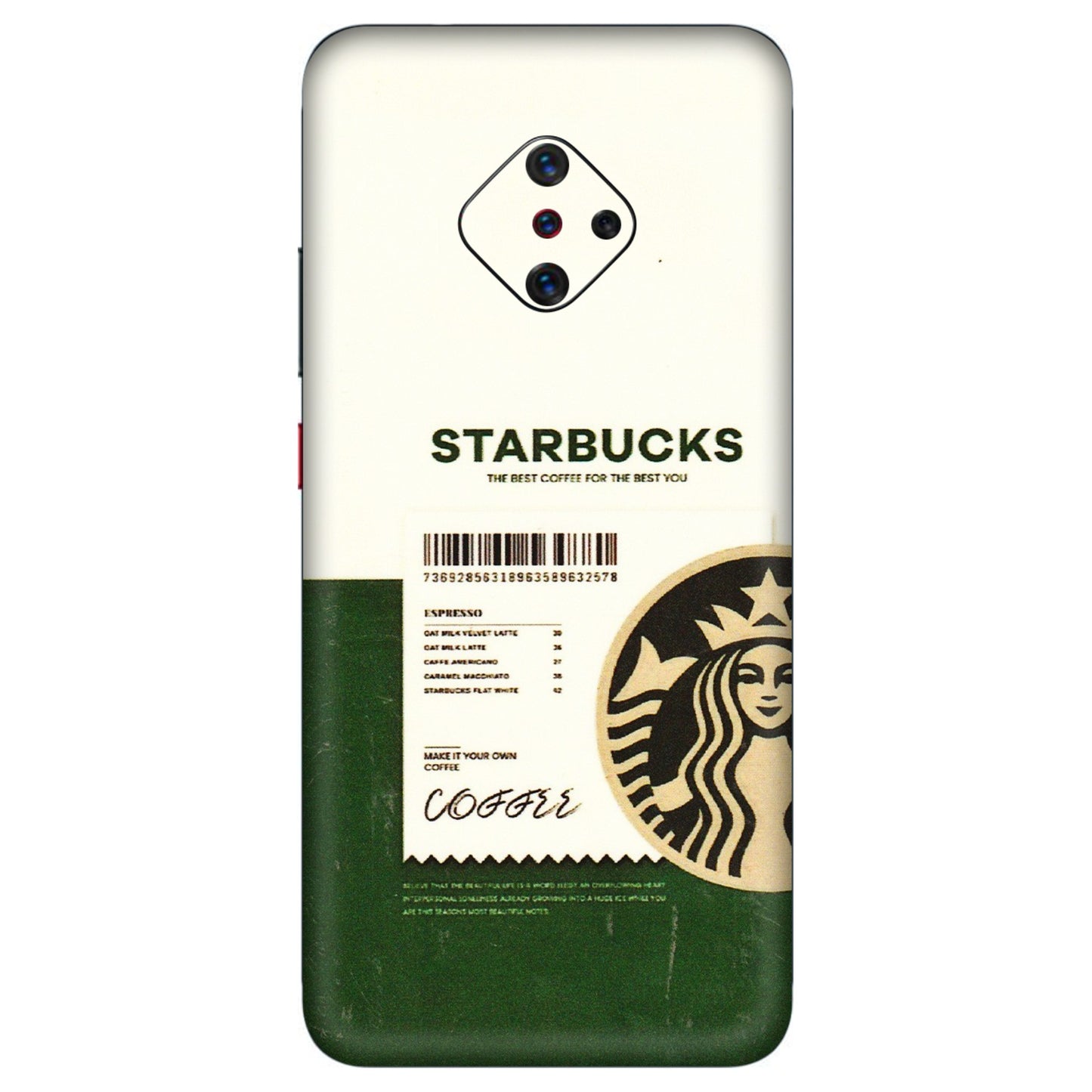 VIVO Z/V/X/T/U/S Series Phone Skins (All Models) - Starbucks Barcode - 3D Embossed Finish (L-308) Vivo S1 Pro