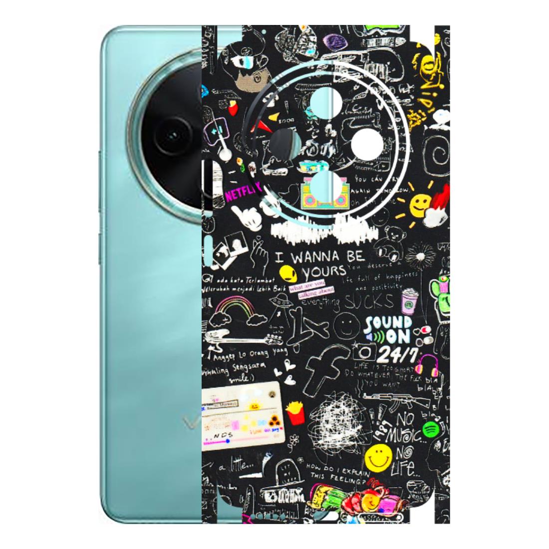 VIVO Z/V/X/T/U/S Series Phone Skins (All Models) - Black Creatives Doodles - 3D Embossed Finish (L-311) Vivo T4 5G
