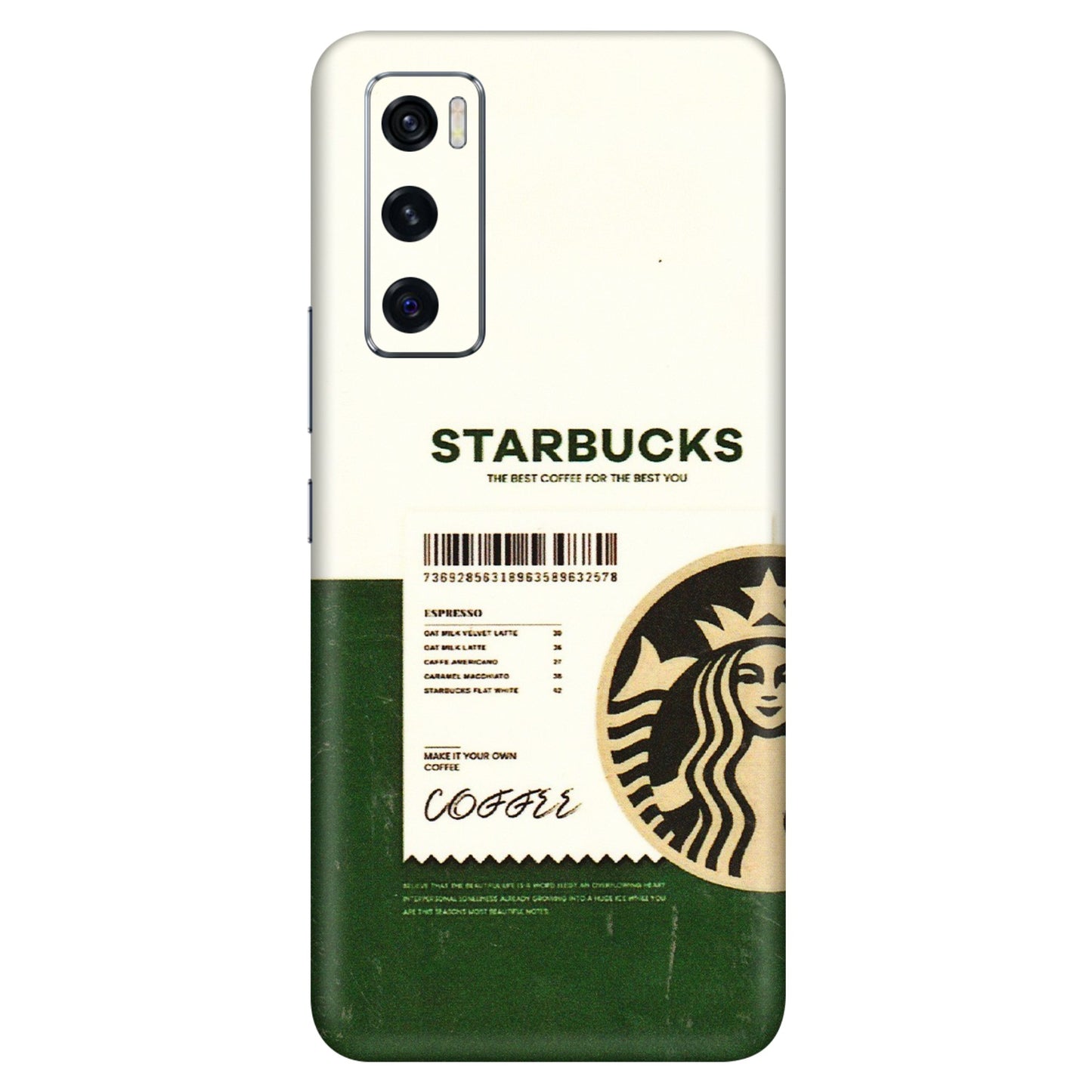 VIVO Z/V/X/T/U/S Series Phone Skins (All Models) - Starbucks Barcode - 3D Embossed Finish (L-308) Vivo V20 SE