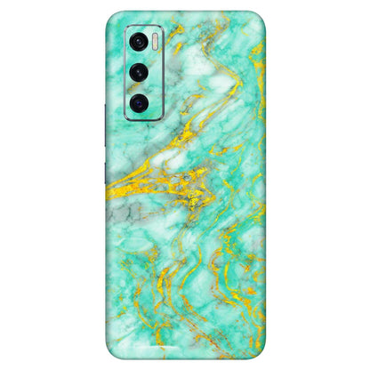 VIVO Z/V/X/T/U/S Series Phone Skins (All Models) - Green And Gold Marble Feel - Matte Finish (M-16) Vivo V20 SE