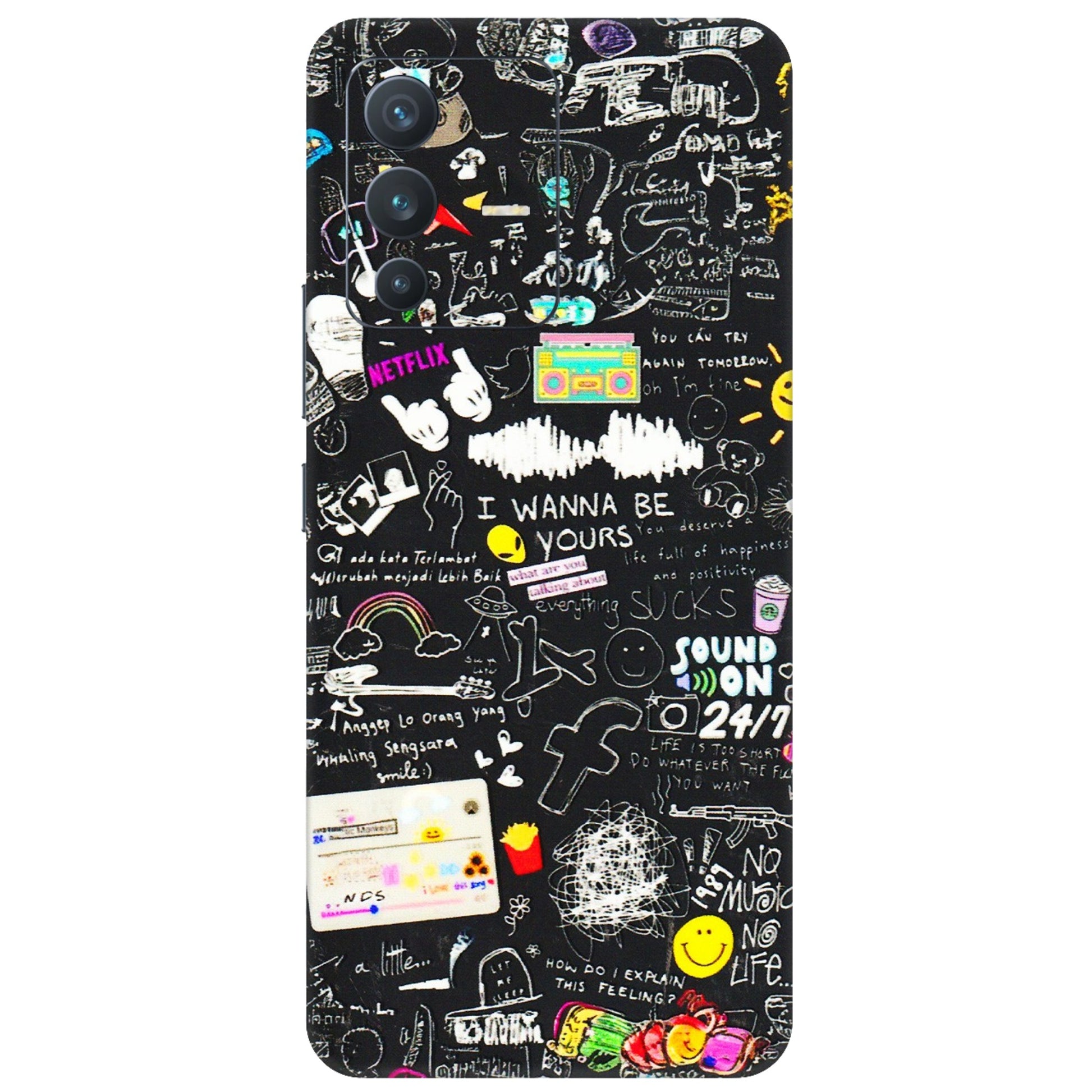 VIVO Z/V/X/T/U/S Series Phone Skins (All Models) - Black Creatives Doodles - 3D Embossed Finish (L-311) Vivo V23 (5G)