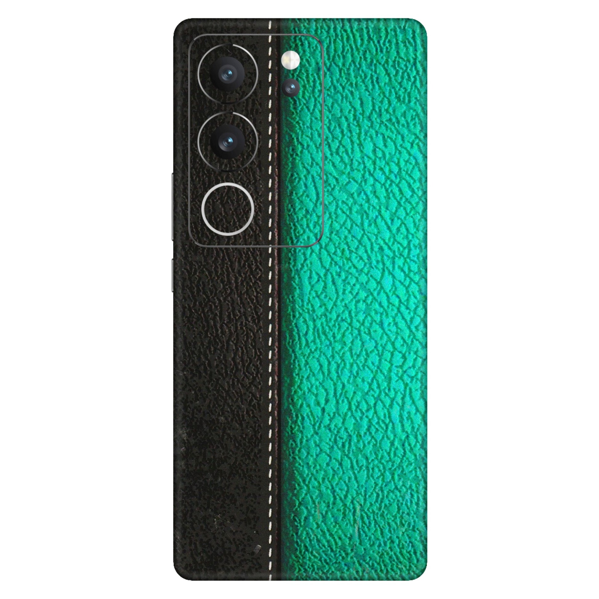 VIVO Z/V/X/T/U/S Series Phone Skins (All Models) - Black Green Dual Leather Stich - 3D Embossed Finish (L-233) Vivo V29 (5G)