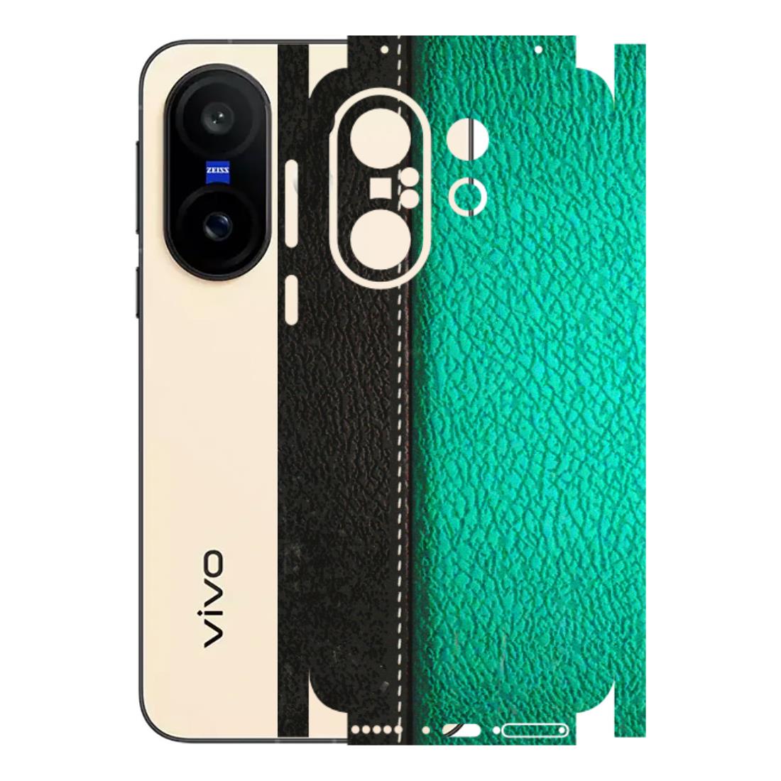 VIVO Z/V/X/T/U/S Series Phone Skins (All Models) - Black Green Dual Leather Stich - 3D Embossed Finish (L-233) Vivo X200 FE