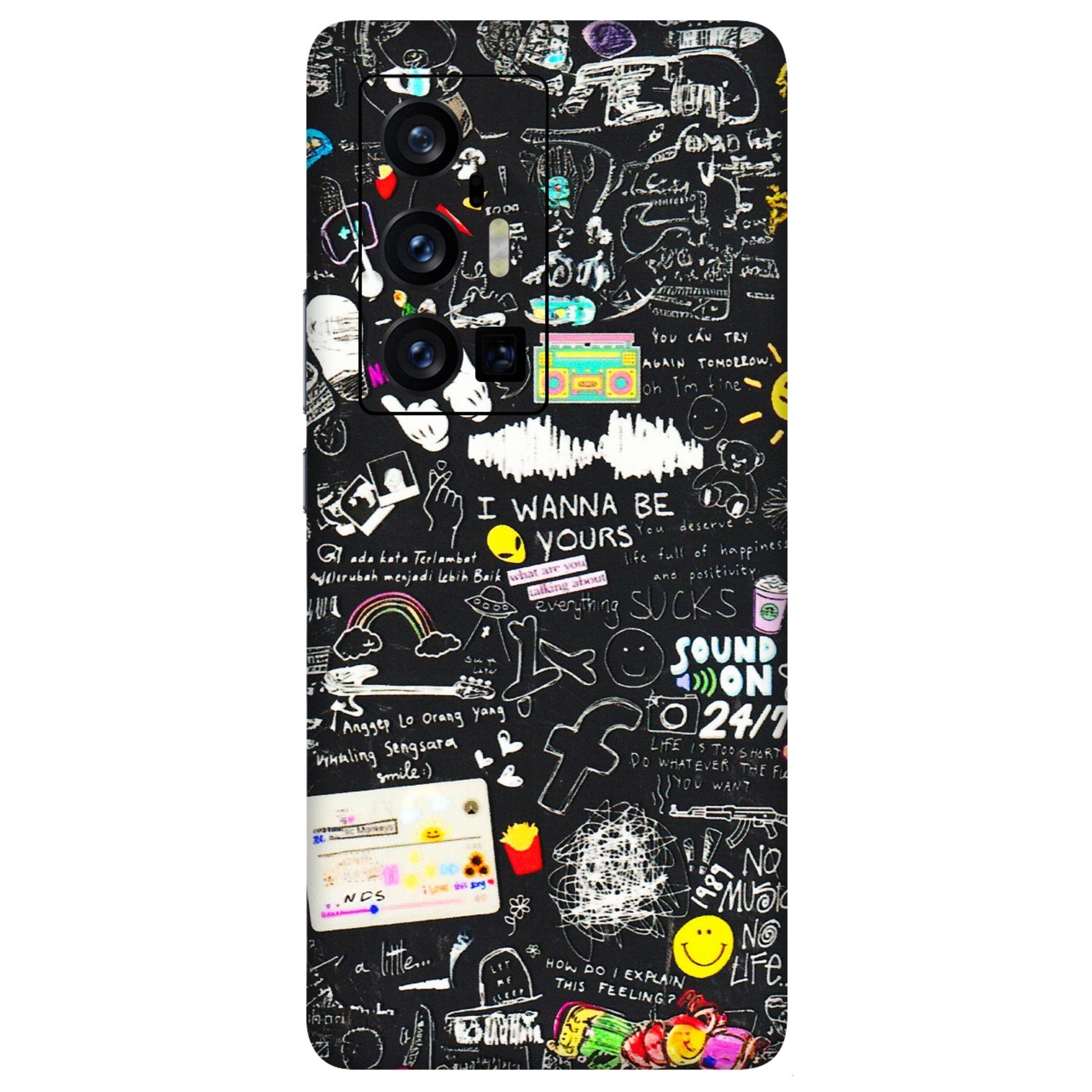 VIVO Z/V/X/T/U/S Series Phone Skins (All Models) - Black Creatives Doodles - 3D Embossed Finish (L-311) Vivo X70 Pro Plus (5G)
