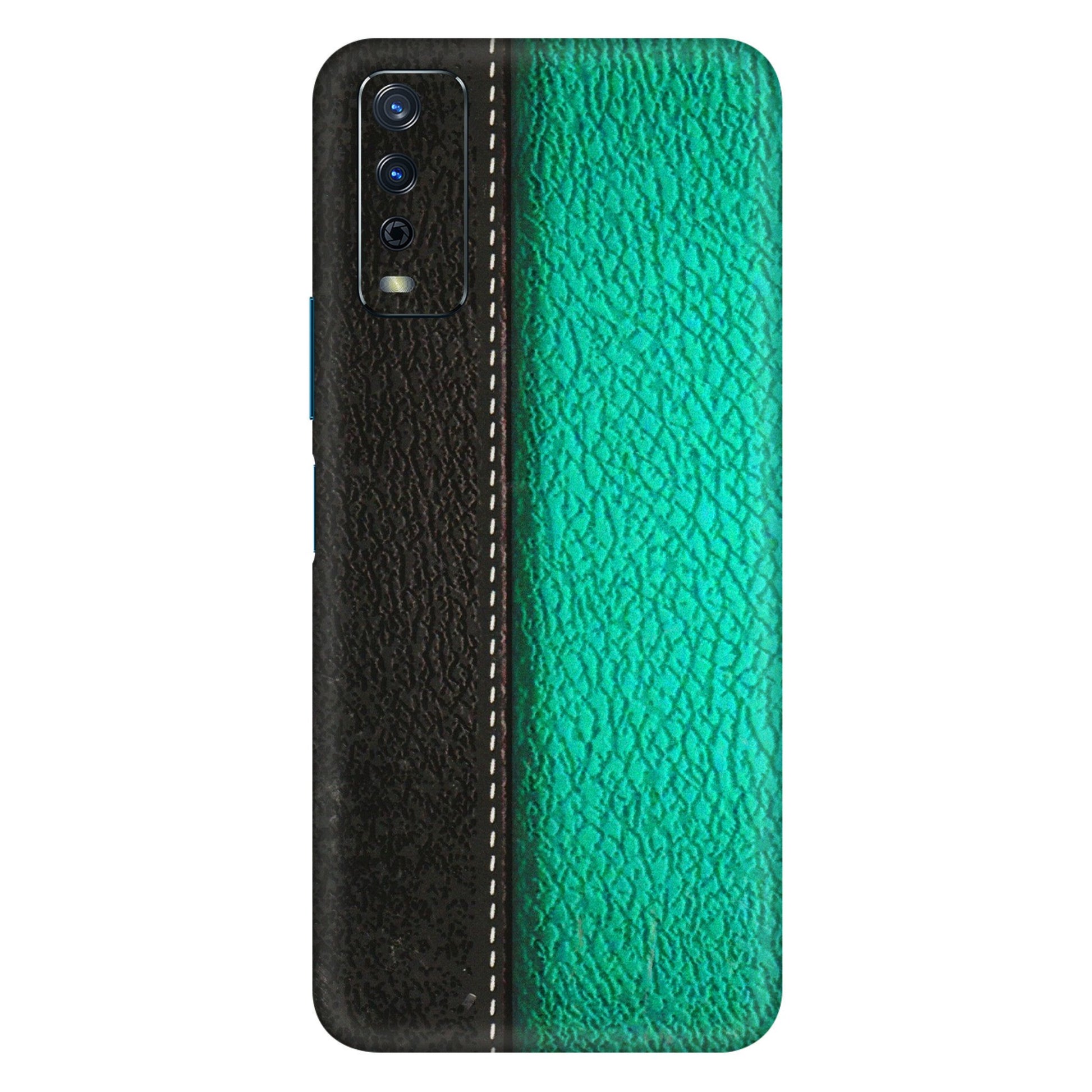 VIVO Y Series Phone Skins (All Models) - Black Green Dual Leather Stich - 3D Embossed Finish (L-233) Vivo Y12s
