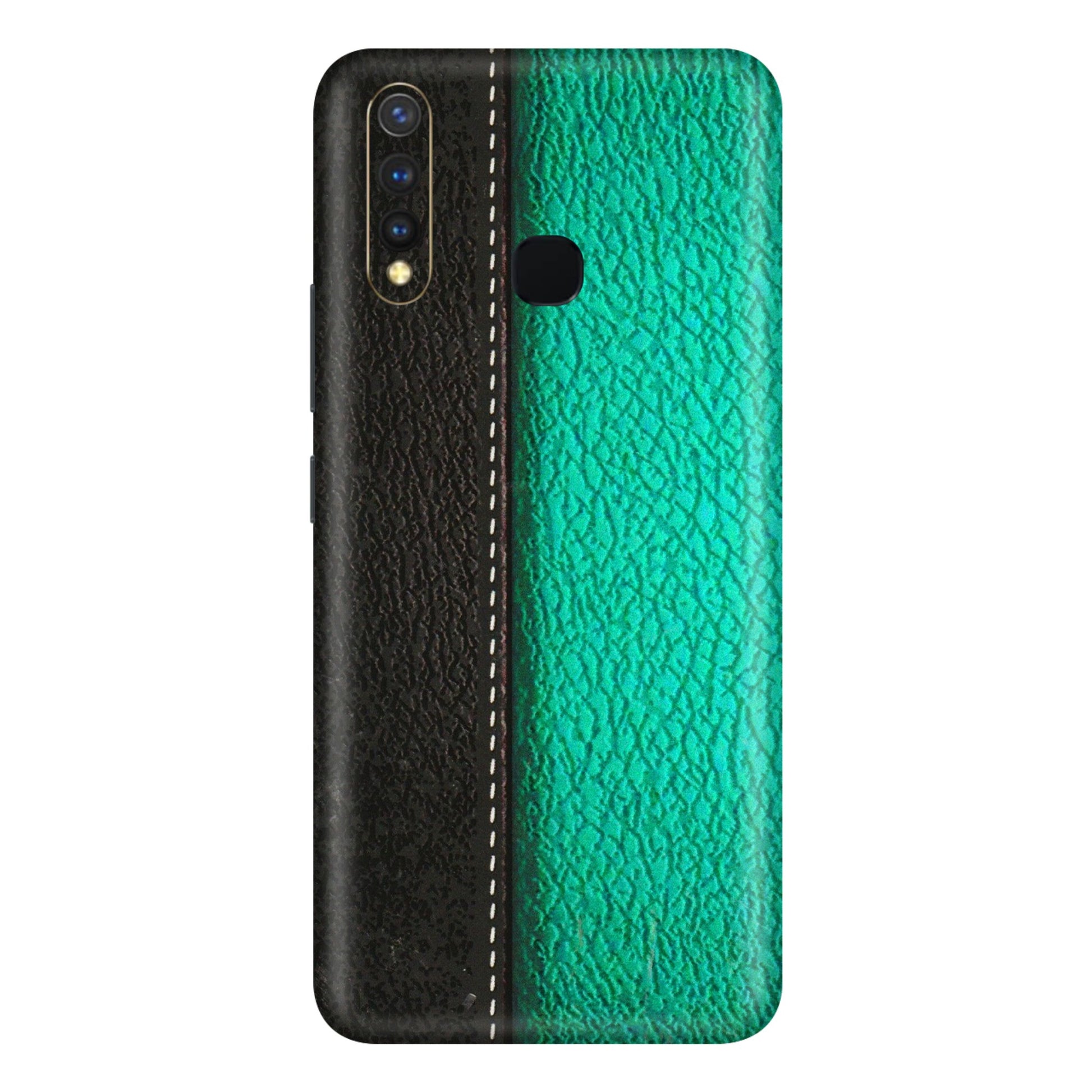 VIVO Y Series Phone Skins (All Models) - Black Green Dual Leather Stich - 3D Embossed Finish (L-233) Vivo Y19