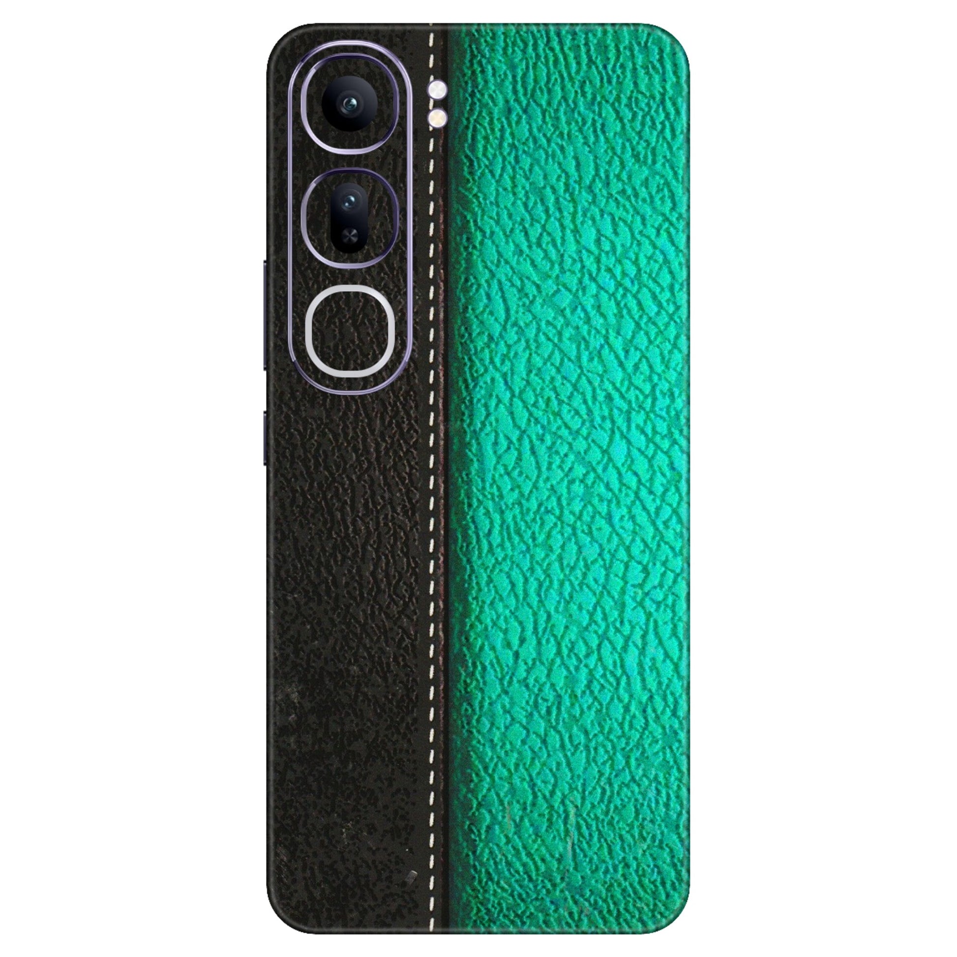 VIVO Y Series Phone Skins (All Models) - Black Green Dual Leather Stich - 3D Embossed Finish (L-233) Vivo Y300 (5G)