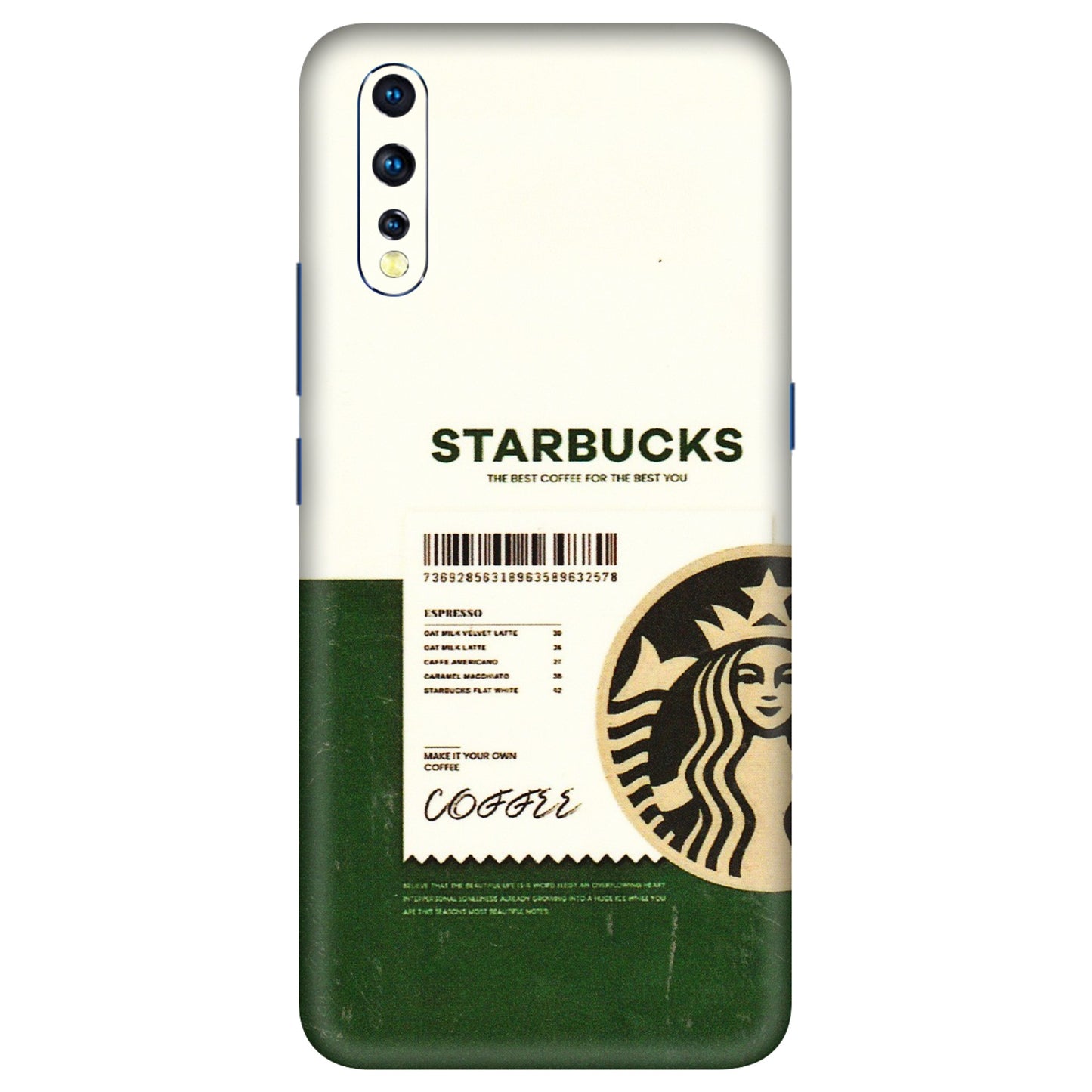 VIVO Z/V/X/T/U/S Series Phone Skins (All Models) - Starbucks Barcode - 3D Embossed Finish (L-308) Vivo Z1 X