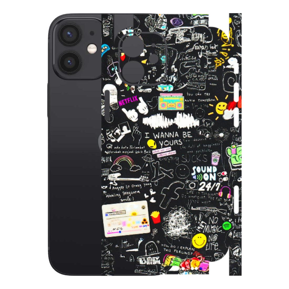 Apple iPhone Skins (All Models) - Black Creatives Doodles - 3D Embossed Finish (L-311) iPhone 12 Mini