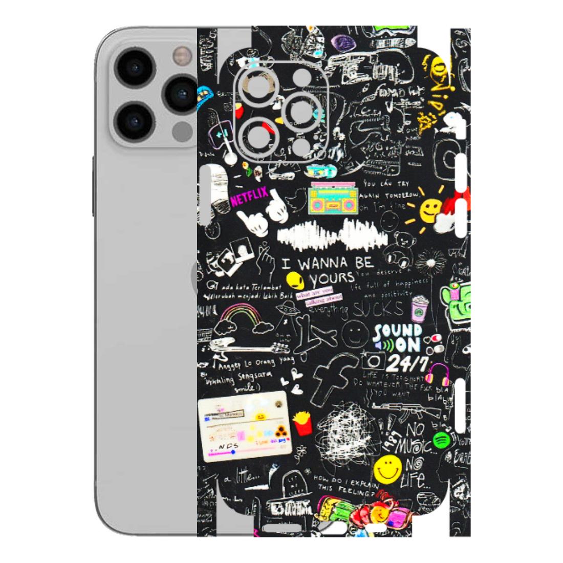 Apple iPhone Skins (All Models) - Black Creatives Doodles - 3D Embossed Finish (L-311) iPhone 12 Pro