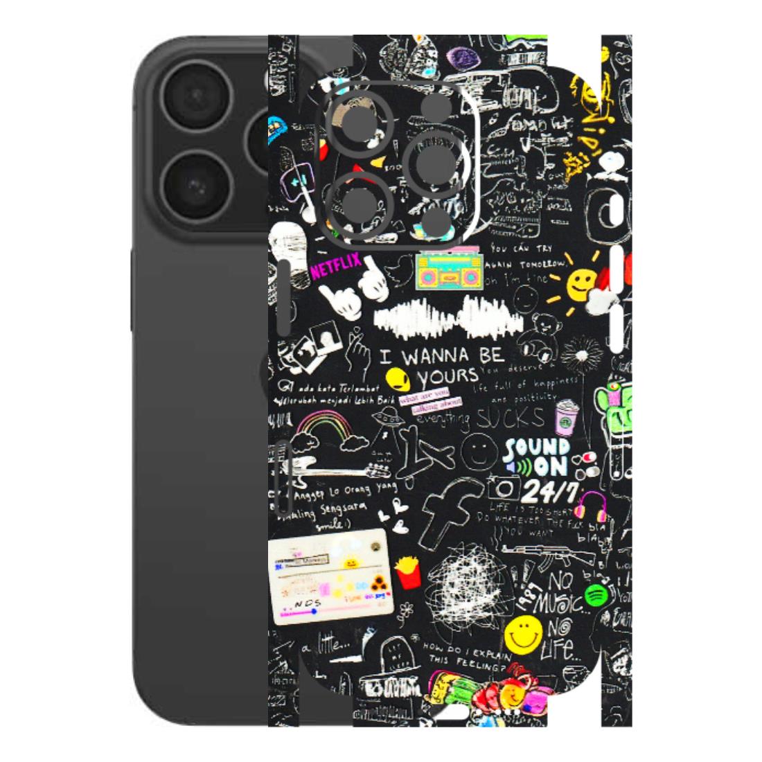 Apple iPhone Skins (All Models) - Black Creatives Doodles - 3D Embossed Finish (L-311) iPhone 16 pro